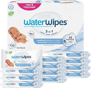 WaterWipes Sensitive+ Newborn Baby Wipes 99.9% Water Unscented Hypoallergenic 720 Count 12 Packs 2X Stronger