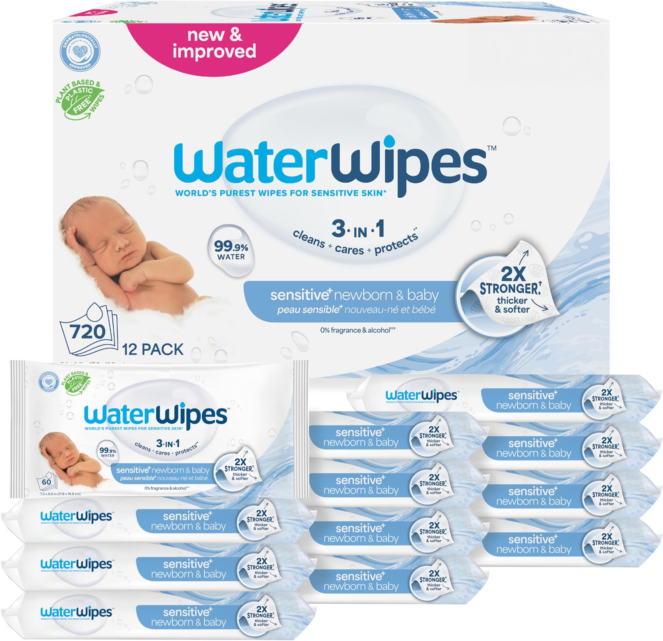 Sensitive+ Newborn & Baby Wipes, 3-In-1 Cleans, Cares, Protects, 99.9% Water, Unscented & Hypoallergenic, 720 Count (12 Packs)