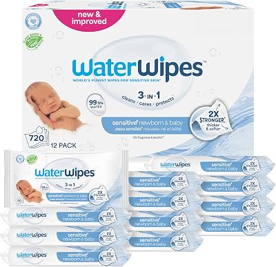 WaterWipes Sensitive+ Newborn & Baby Wipes, 3-In-1 Cleans, Cares, Protects, 99.9% Water, Unscented & Hypoallergenic, 720 Count (12 Packs) OEKO-TEX STANDARD 100