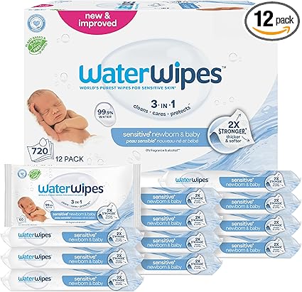 WaterWipes Sensitive+ Newborn & Baby Wipes, 3-In-1 Cleans, Cares, Protects, 99.9% Water, Unscented & Hypoallergenic, 720 Count (12 Packs)