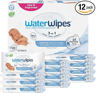 WaterWipes Sensitive+ Newborn & Baby Wipes, 3-In-1 Cleans, Cares, Protects, 99.9% Water, Unscented & Hypoallergenic, 720 Count (12 Packs)