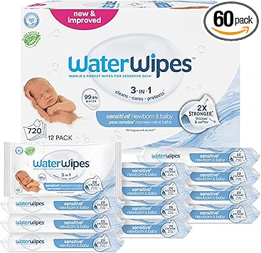 WaterWipes Sensitive+ Newborn & Baby Wipes, 3-In-1 Cleans, Cares, Protects, 99.9% Water, Unscented & Hypoallergenic, 720 Count (12 Packs)