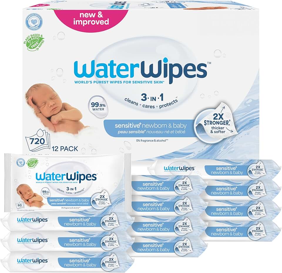 WaterWipes Sensitive+ Newborn &amp; Baby Wipes, 3-In-1 Cleans, Cares, Protects, 99.9% Water, Unscented &amp; Hypoallergenic, 720 Count (12 Packs) OEKO-TEX STANDARD 100