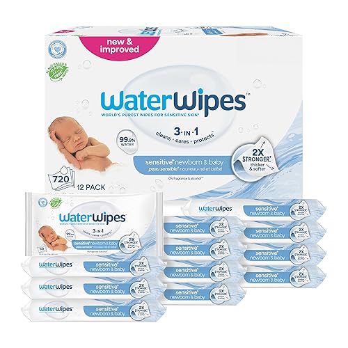 WaterWipes Sensitive+ Newborn & Baby Wipes, 3-In-1 Cleans, Cares, Protects, 99.9% Water, Unscented & Hypoallergenic, 720 Count (12 Packs) - 60 Count (Pack of 12)