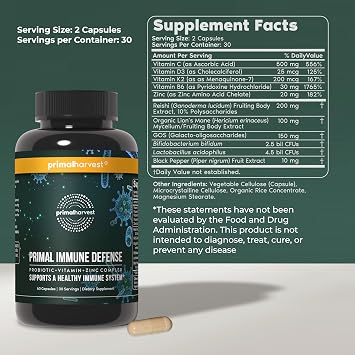 Primal Harvest Primal Immune Defense: 10-in-1 Immune Support with Probiotics, Zinc, Vitamins C, B6, D3 & K2, Immune Booster for Adults 60 Capsules (2-Pack)