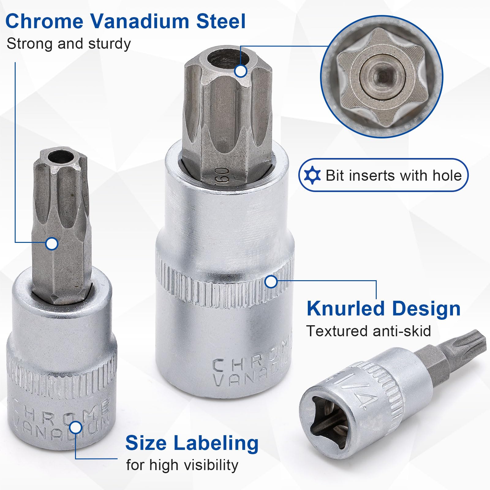 DAKCOS 13pcs Torx Bit Socket Set, T8H-T60H, 1/4", 3/8", 1/2", T-Profile with Hole, CR-V Sockets and S2 Bit - Image 4