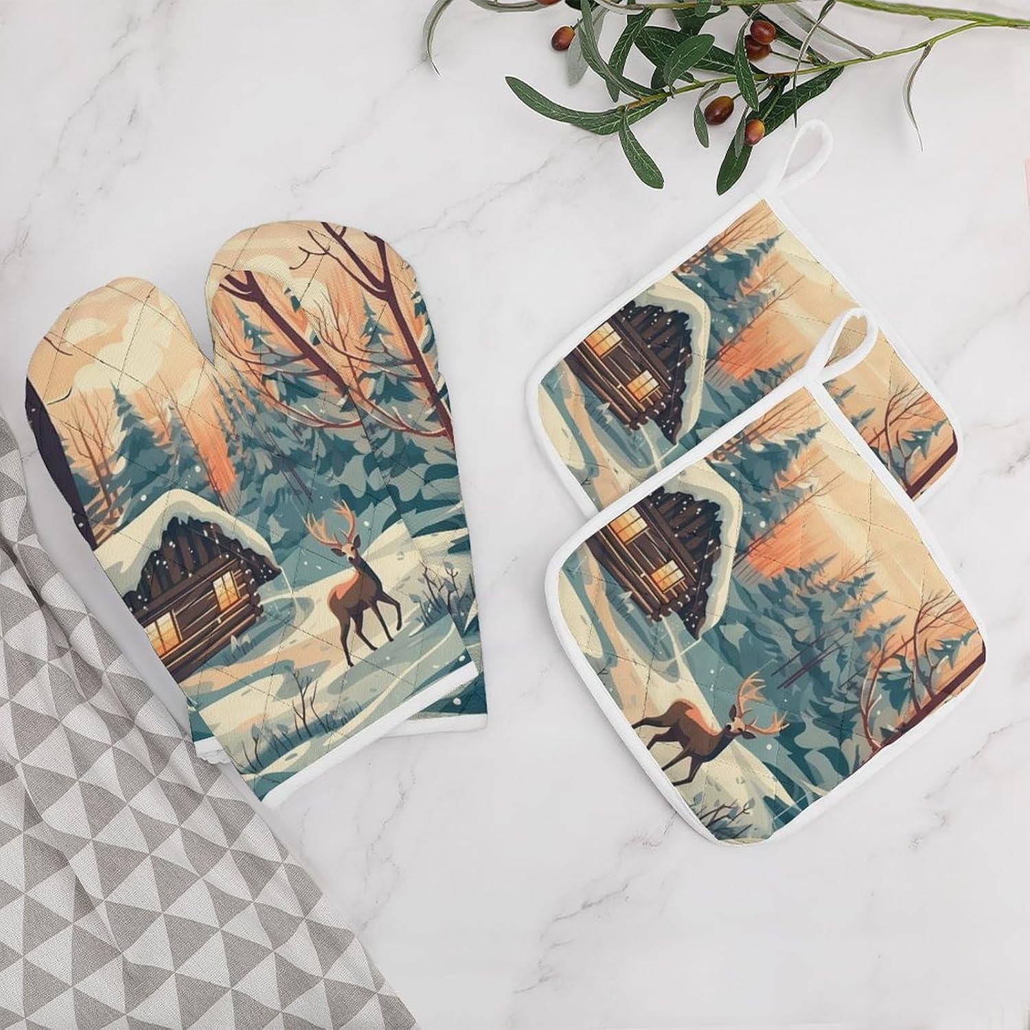 Xmas Deer Cabin 4 Pcs Oven Mitts and Pot Holders Set High Heat Resistant Long Kitchen Oven Glove Potholders