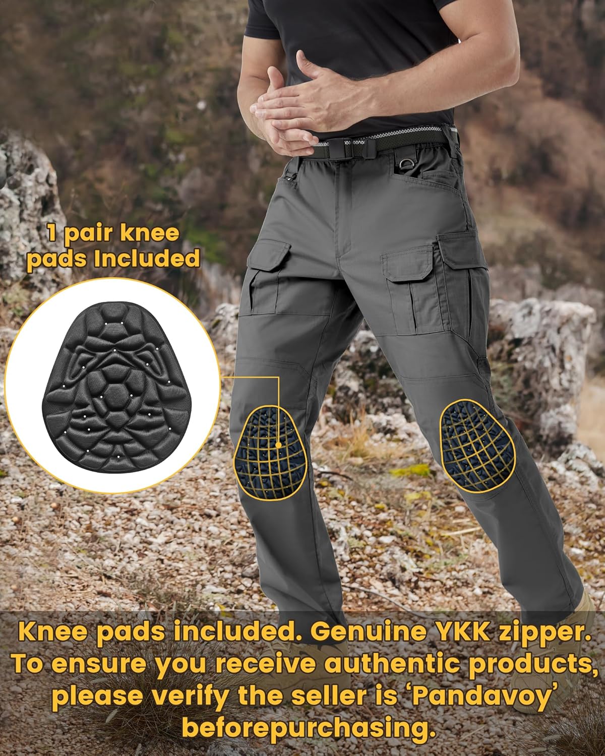 Men's Stretch Tactical Work Pants with Removable Knee Pads, Water-Resistant Ripstop Cargo Pants for Outdoor & Hiking