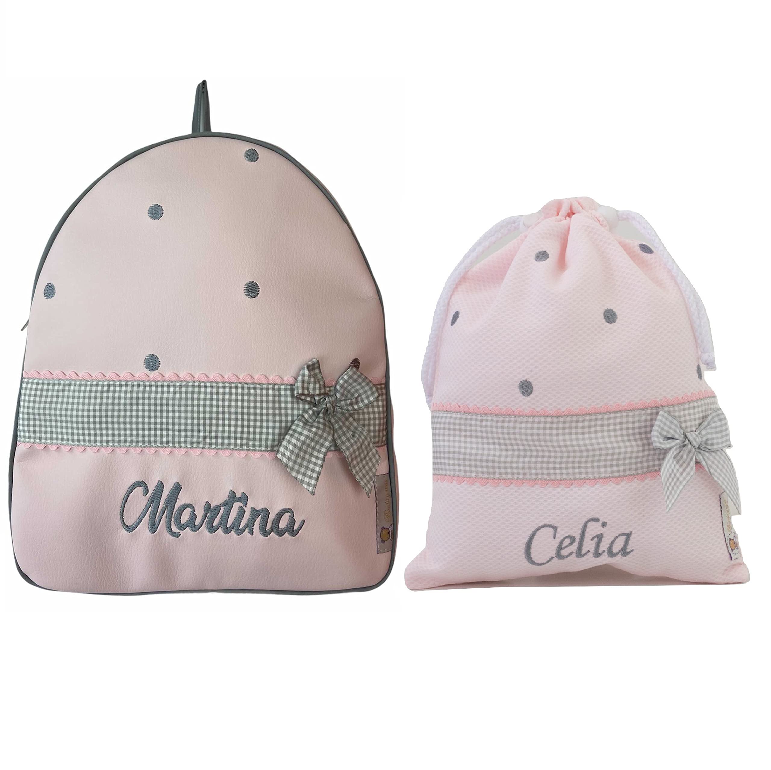 Set asilo nido o scuola: zaino + sacchetto snack lingerie personalizzato con nome. Modello Katia, Rosa, 29 x 22 cm