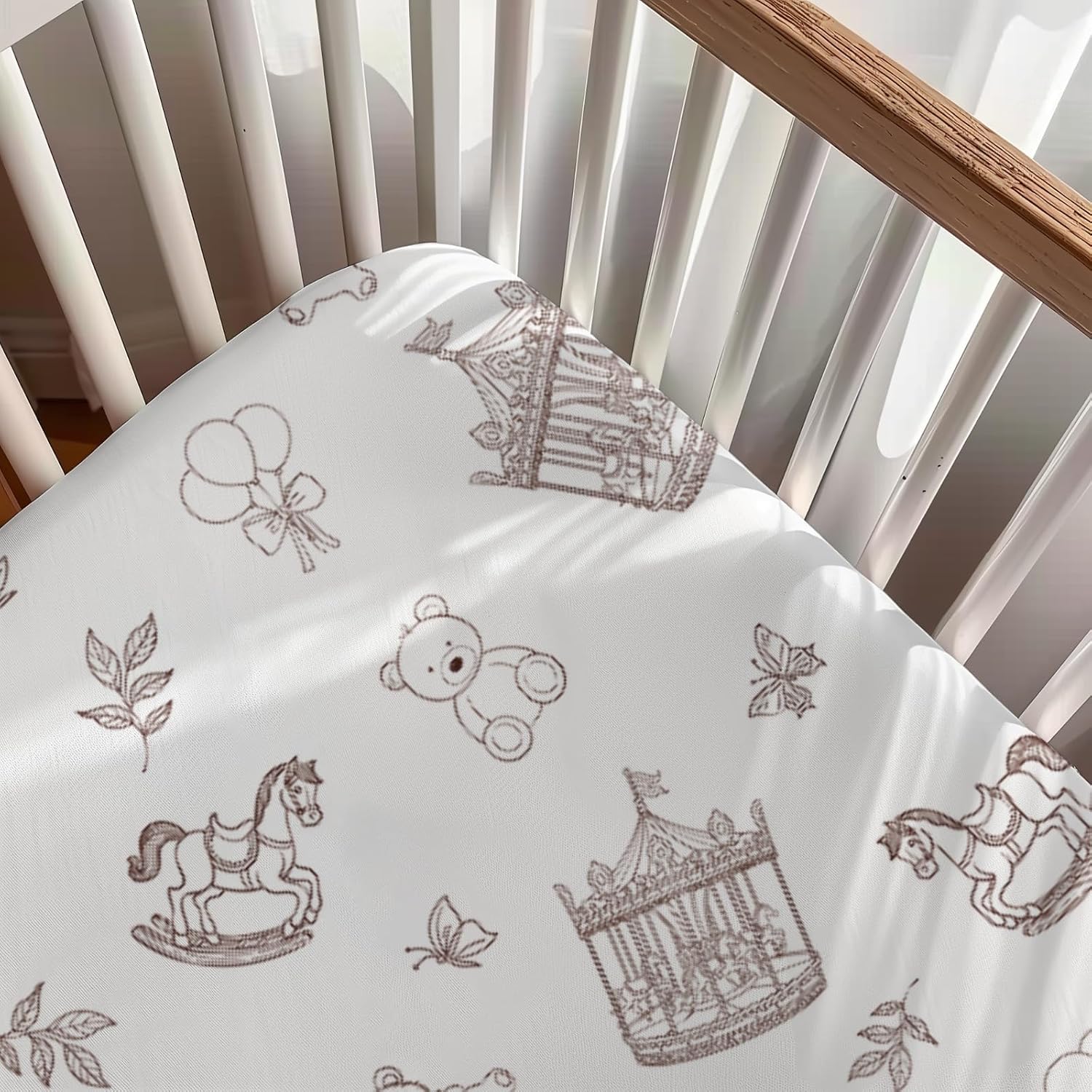 Cute Cartoon Bear Butterflies Balloon Leaves Pattern Baby Sheets for Crib, Unisex Bear Nursery Fitted Bed Sheet for Boys Girls Standard Crib and Toddler Mattress-28x52