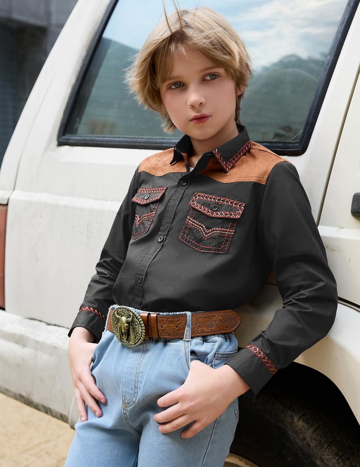 Boy's Western Cowboy Shirt Embroidered Long Sleeve Regular Fit Casual Cotton Button Down Hippie Shirts with Pockets - Image 4