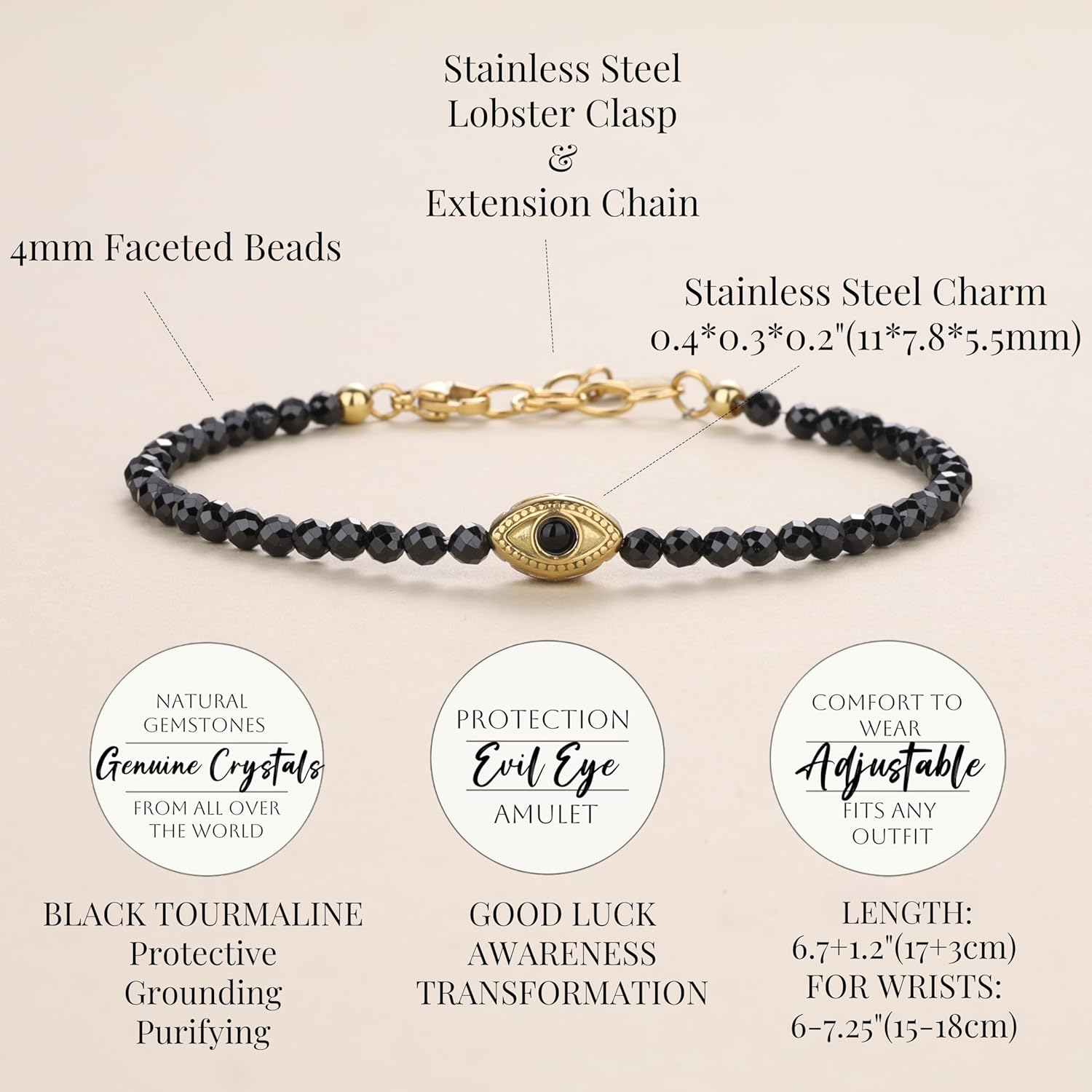 COAI Women's Crystal Bracelet, Evil Eye Bracelet for Women, 4mm Faceted Black Tourmaline/Moonstone/Lapis Lazuli - Image 3