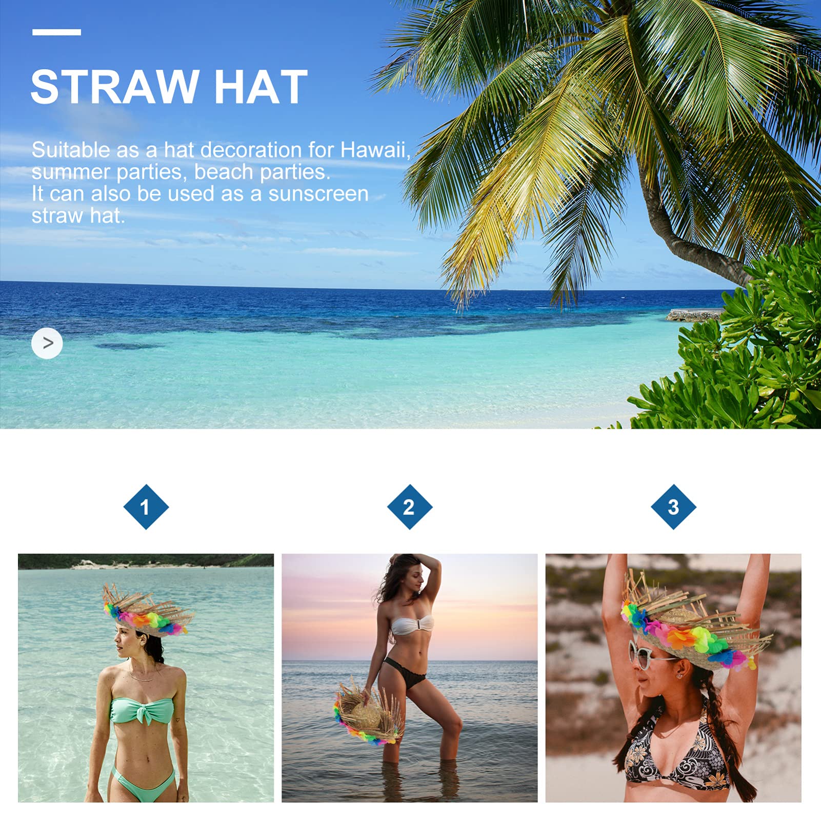 NOLITOY Sombreros hawaianos de paja para adultos, divertido sombrero de fiesta con ribete floral, suministros de fantasía hawaianos para fiestas de verano, disfraces, accesorios de decoración