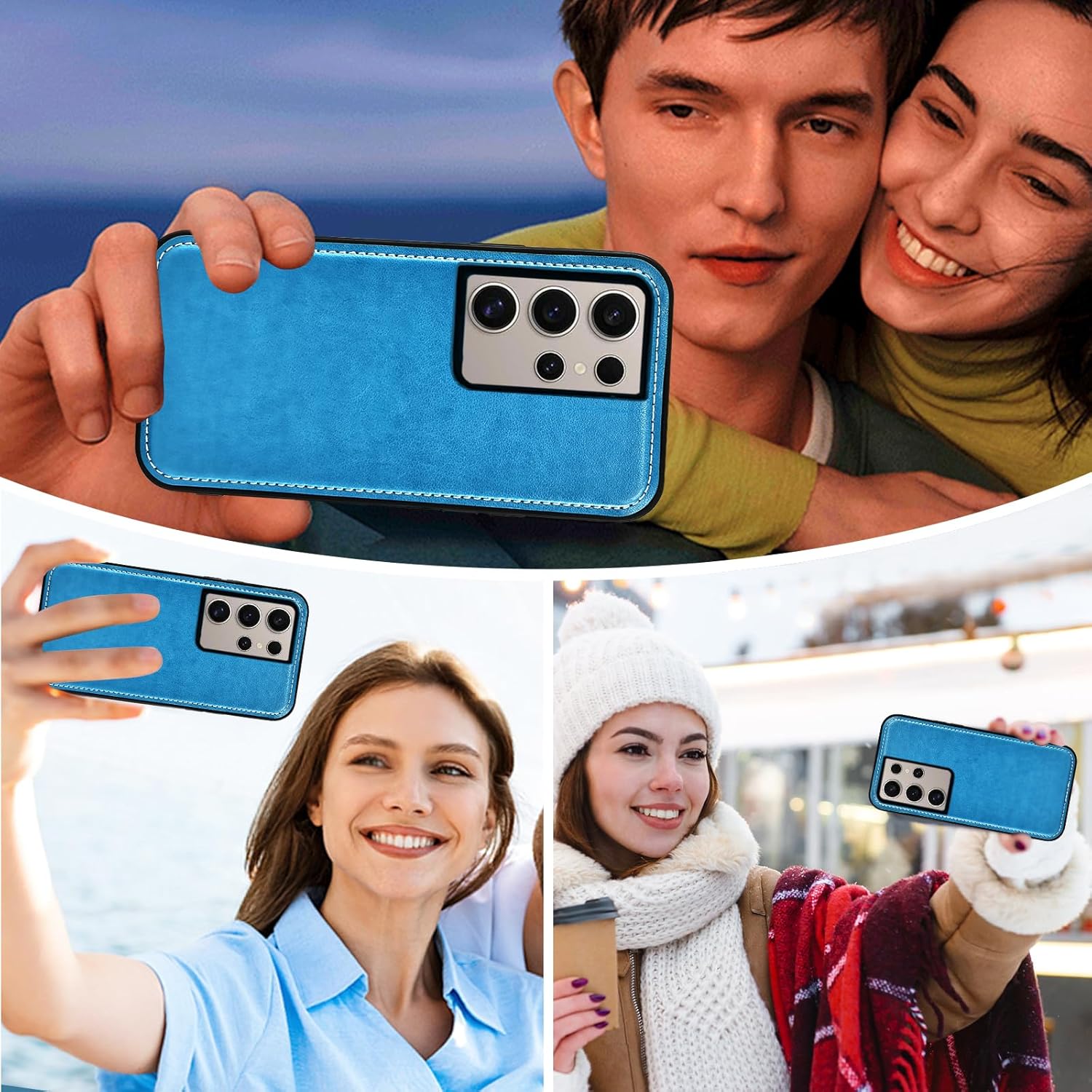 Asuwish Phone Case for Samsung Galaxy S24 Ultra 5G Zipper Wallet Magnetic Detachable Cell Cover with Tempered Glass Screen Protector Strap Flower Card Holder S24Ultra 24S S 24 24Ultra Women Girls Blue