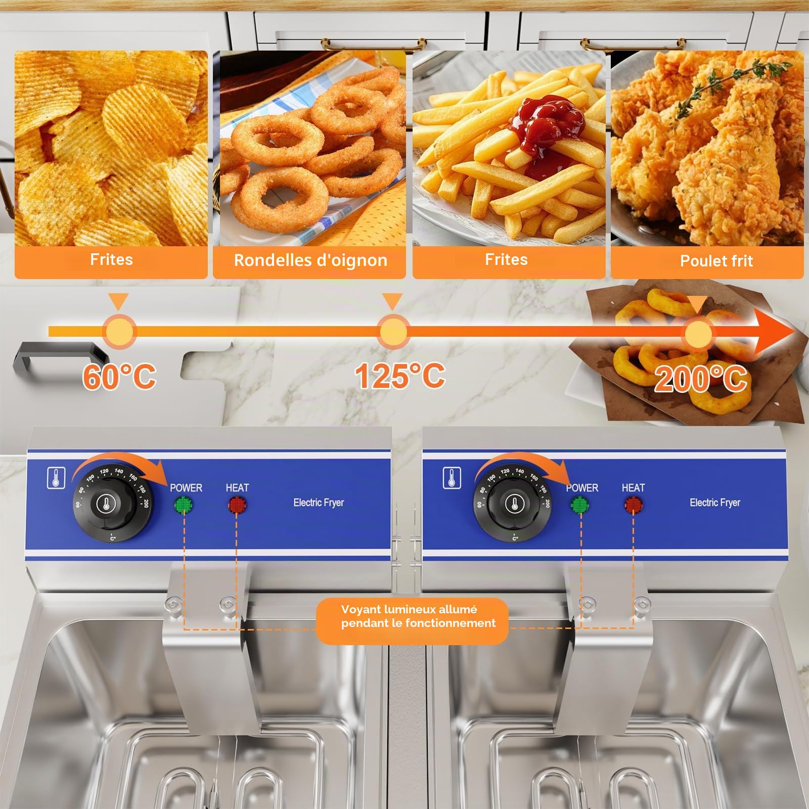 TAIMIKO Friteuse électrique commerciale 2 réservoir en acier inoxydable 3000W*2 220V-240V Thermostat 60-200 °C