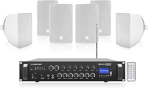 Sound Town Amplificador Bluetooth para restaurante comercial + juego de altavoces de montaje en superficie, con un amplificador de 6 zonas de 70