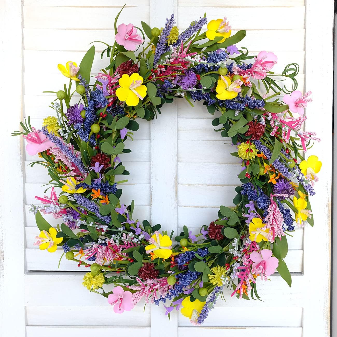 Bibelot 20" Daisy and Lavender Wreaths Colourful Artificial Flower with Berry Wreath Spring Summer Wreath for Front Door Wall Window Wedding Decor