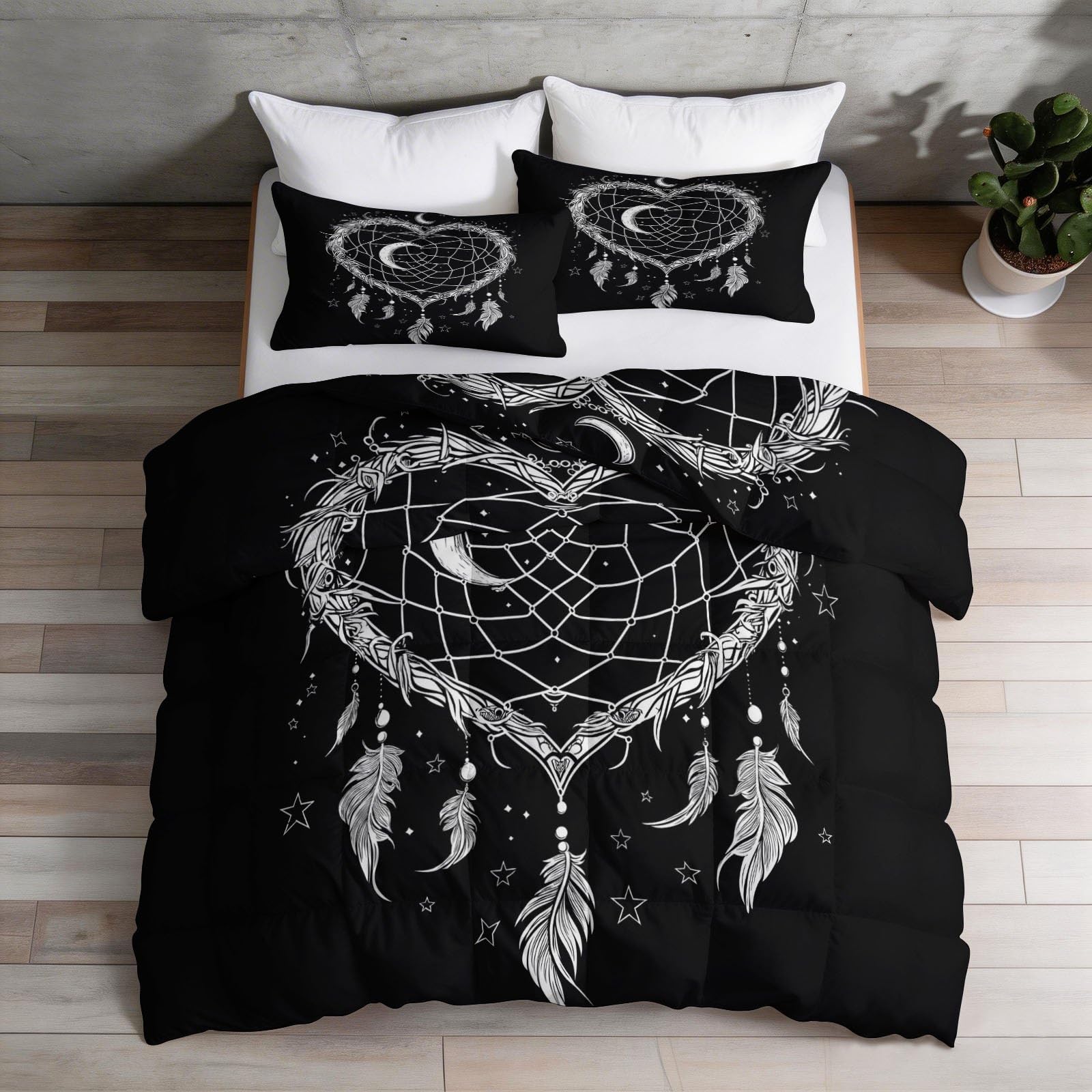 Bohemisch Vintage Bettdecke 135 x 200 cm Traumfänger Feder Mond Stern Steppdecke, Schwarz 4 Jahreszeiten Bettdecken - Waschbar Bettzeug Warme Weich Bettdecke ohne Bezug - Schlafzimmer Deko Geschenke