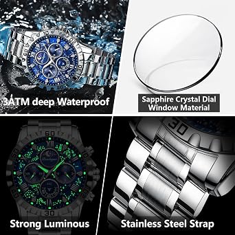 Poedagar Men's Fashion Stainless Steel Watches Quartz Wrist Watch Waterproof Luminous Chronograph Stainless Steel Men's Watches