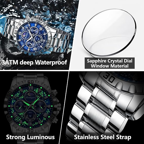 Poedagar Men's Fashion Stainless Steel Watches Quartz Wrist Watch Waterproof Luminous Chronograph Stainless Steel Men's Watches