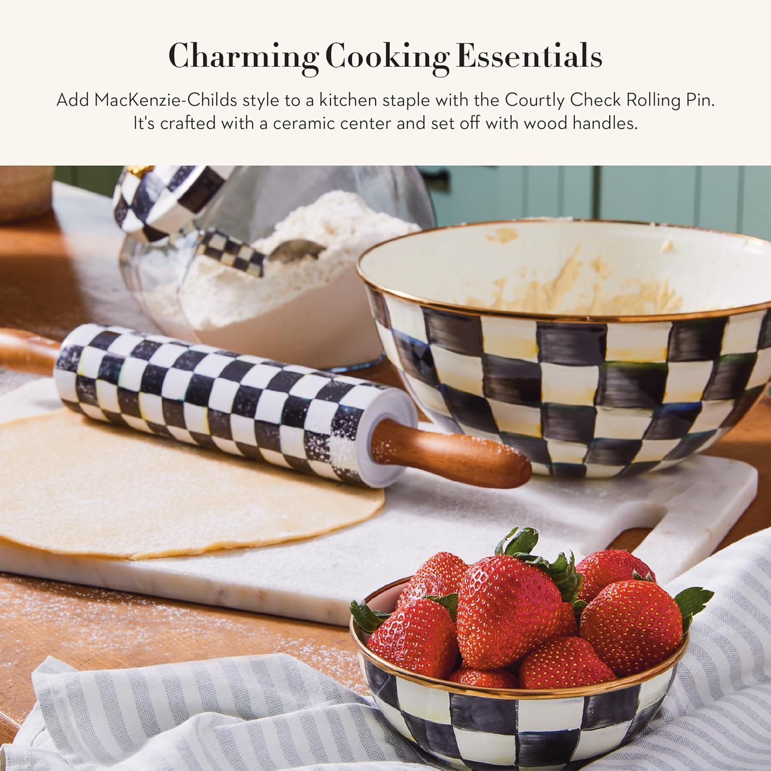 MACKENZIE-CHILDS Rolling Pin, Decorative Roller Pin for Baking, Cute Baking Supplies, Black-and-White Courtly Check