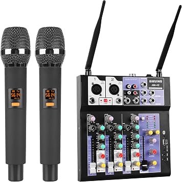 4 Channel Audio Mixer with Dual Wireless Microphone,Professional DJ Mixer Board Sound Board,MP3 Bluetooth USB Interface 48V Phantom Power for Karaoke,Podcasting,Recording,Live StreamingYG-42