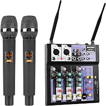 4 Channel Audio Mixer with Dual Wireless Microphone,Professional DJ Mixer Board Sound Board,MP3 Bluetooth USB Interface 48V Phantom Power for Karaoke,Podcasting,Recording,Live StreamingYG-42