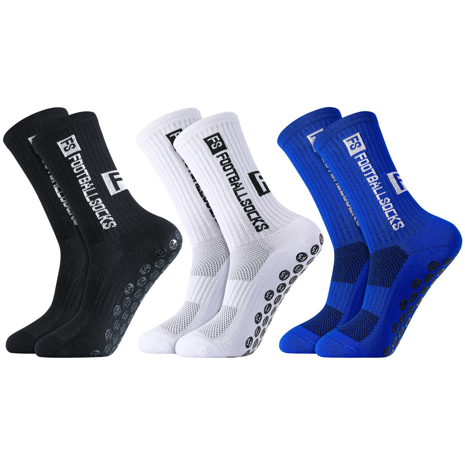 FANTESI 3 Paare Fußballsocken für Herren Damen, Sportsocken Fußball Anti Rutsch Grip Fußball Socken 35-39 Rutschfeste Sportsocken für Fussball Basketball Laufen, Weiß, Schwarz, Blau