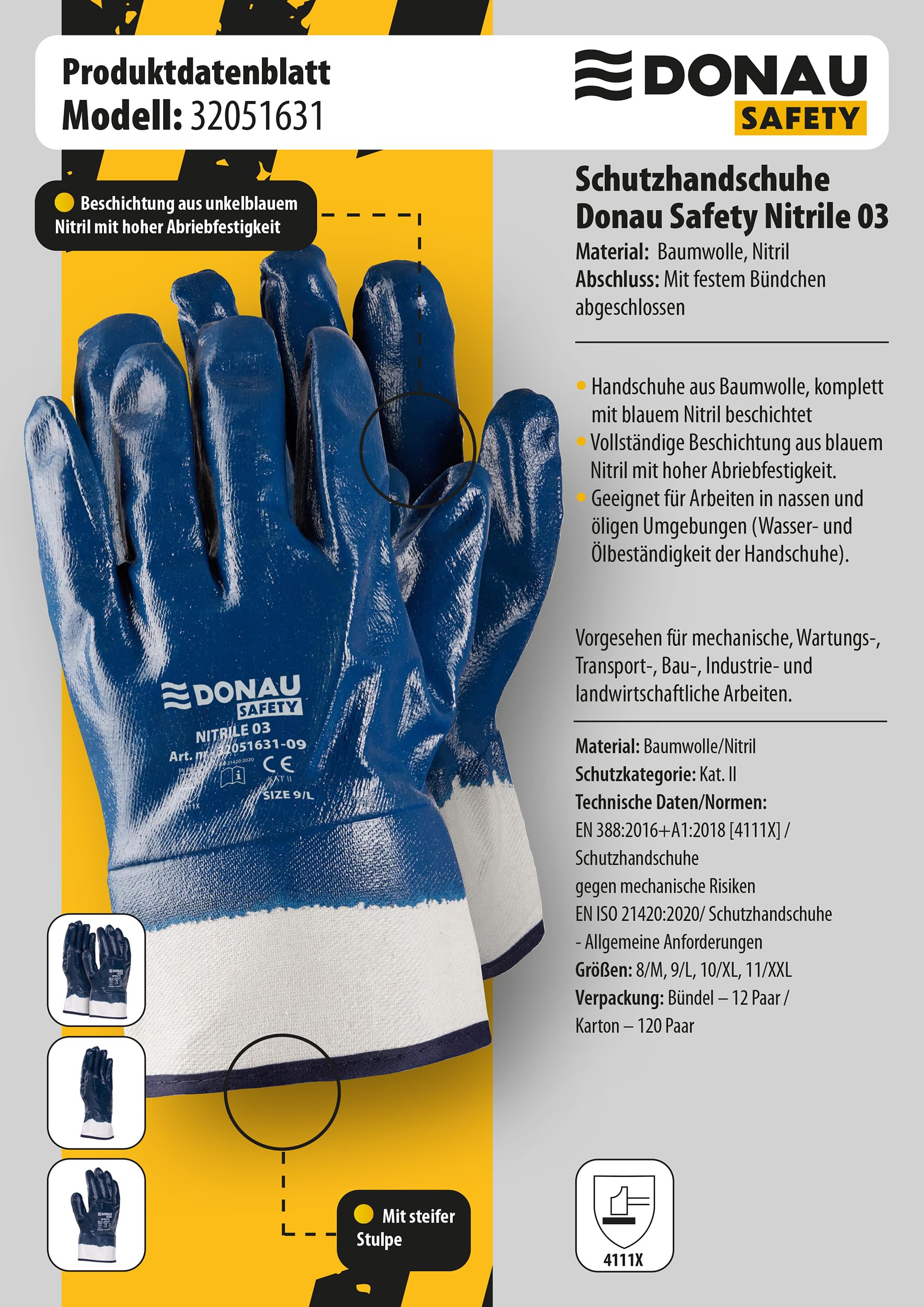 DONAU SAFETY Rękawice robocze nitrylowe, w pełni powlekane/ciemnoniebieskie/rozmiar 11, 12 par/rękawiczki/wodoodporne, odporne na olej, odporne na ścieranie, rękawice nitrylowe