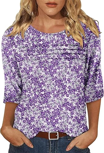 KISSMODA Women's Casual 3/4 Sleeve T-Shirts Round Neck Cute Tunic Tops Basic/Pleated Summer Tops Trendy Spring Blouses