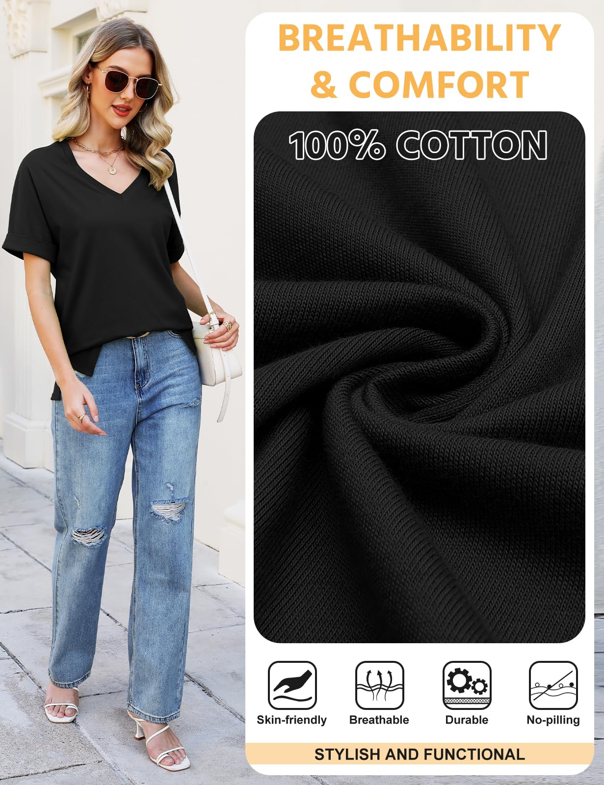 CMTOP T-Shirt Donna Estiva Cotone V Scollo Tinta Unita Maglietta Manica Corta Top Casual Case Camicie Orlo Arrotondato Lungo per Feste Casual Maglietta da Donna Allentate