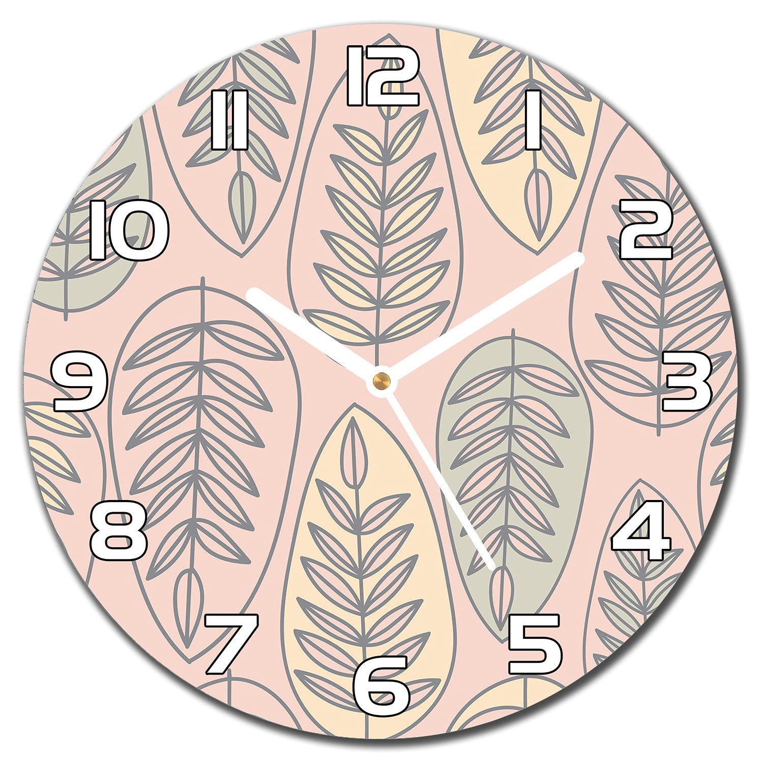 Horloge en verre cuisine et salon avec aiguilles blanches et motif feuilles stripées