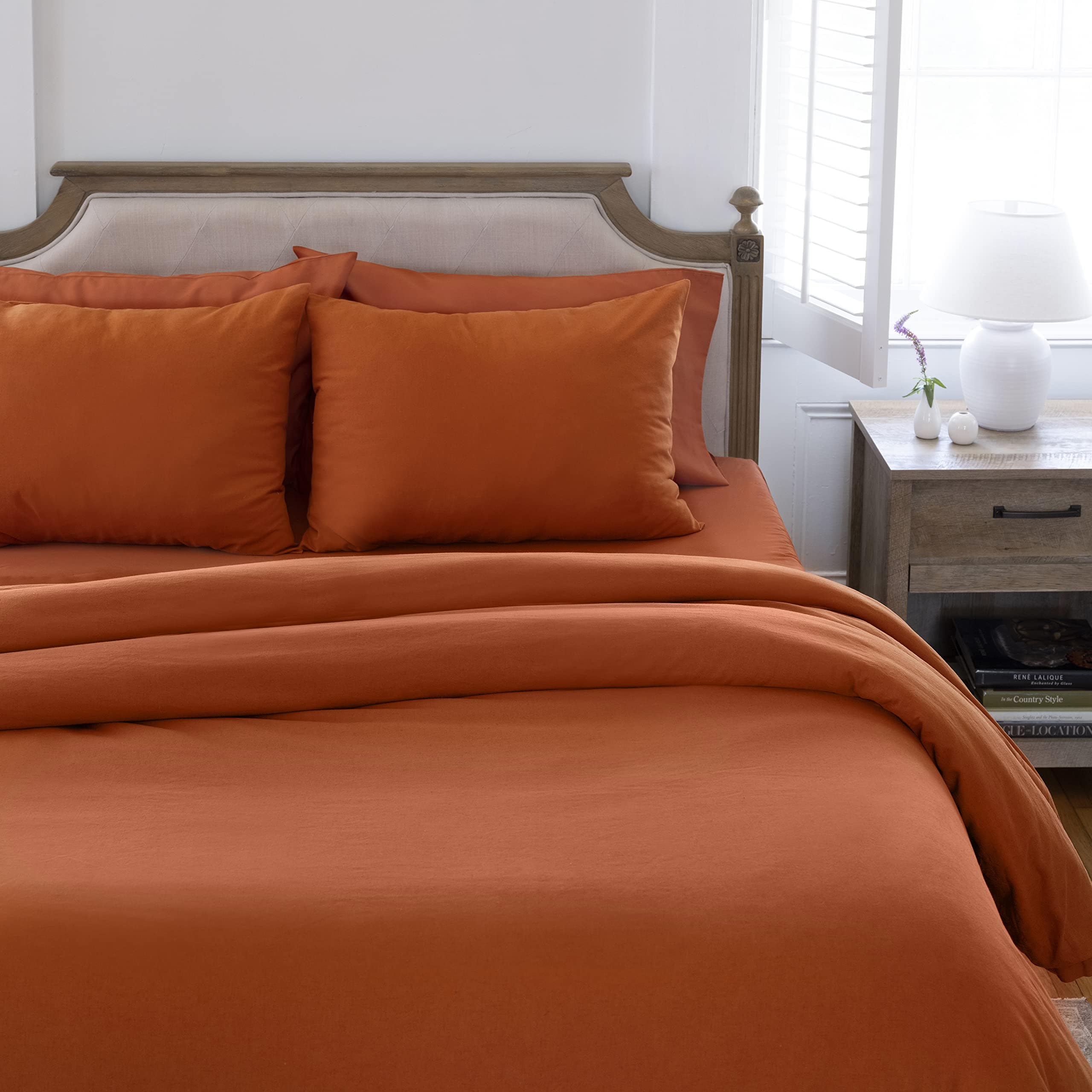 Welhome Luxurious Hunter 3-Piece Cotton Linen Percale Duvet Cover Set - Full/Queen Set - 92"x96" - Soothing Soft - Breathable - Lightweight - Machine Washable - Rust