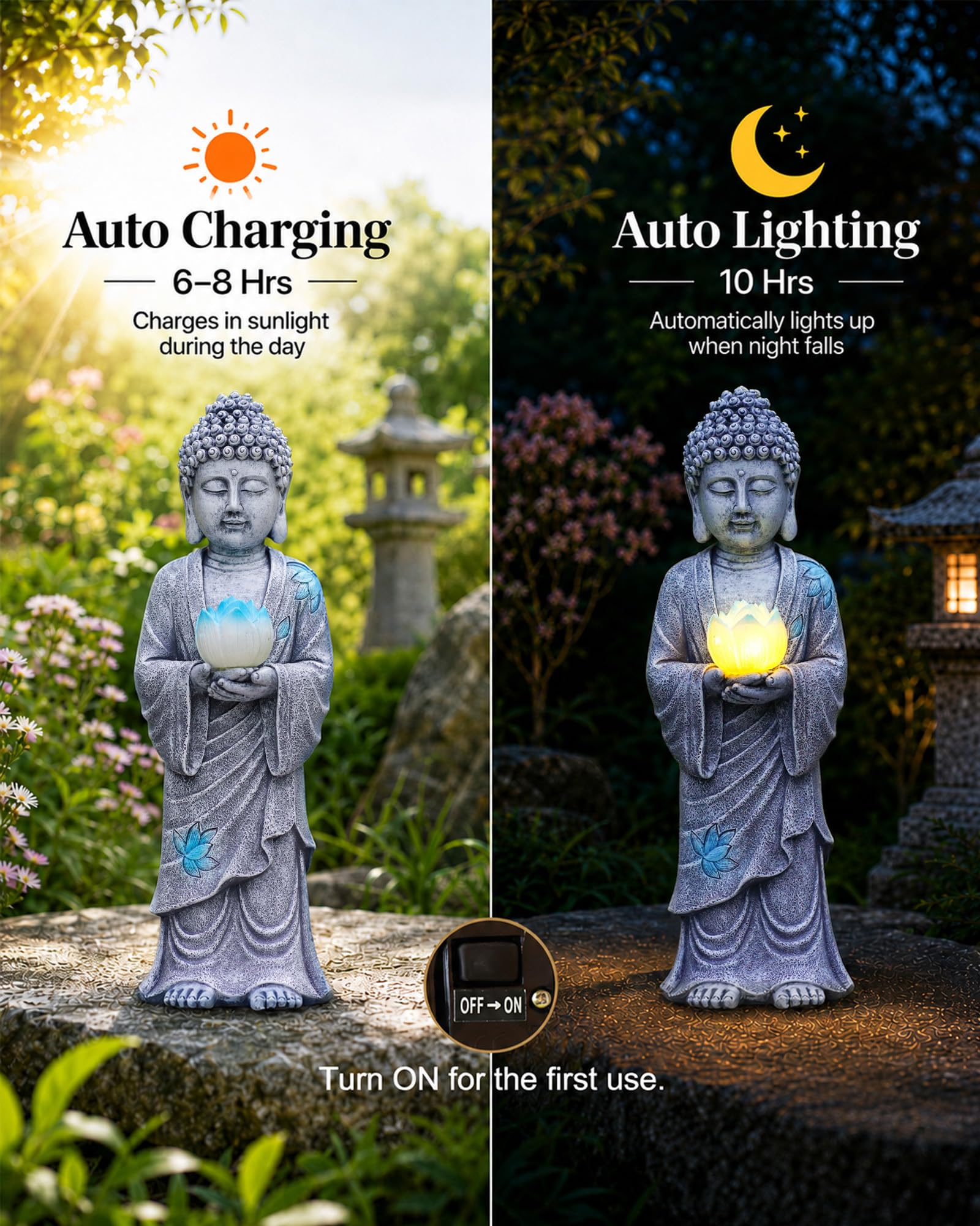 Yeomoo Statua di Buddha in piedi con luce solare LED loto, decorazione da giardino, resistente alle intemperie, decorazione per giardino, soggiorno, Feng Shui, spirituale, regalo per donne, mamma e