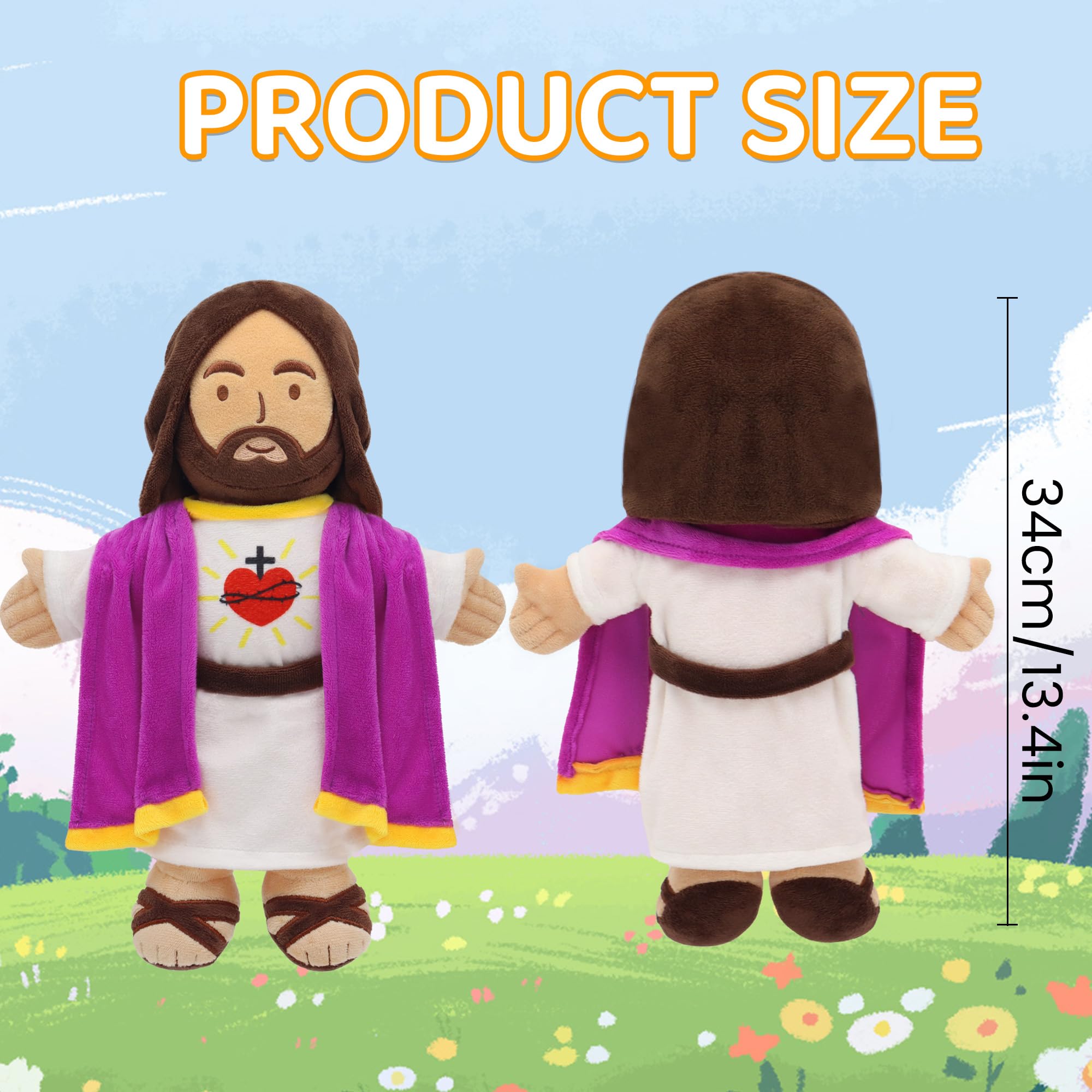 Yelakey Muñeca de peluche de Jesús de 13.4 pulgadas con chal con ribete dorado, regalo religioso cristiano para niños, decoración de Navidad y Pascua (morado)