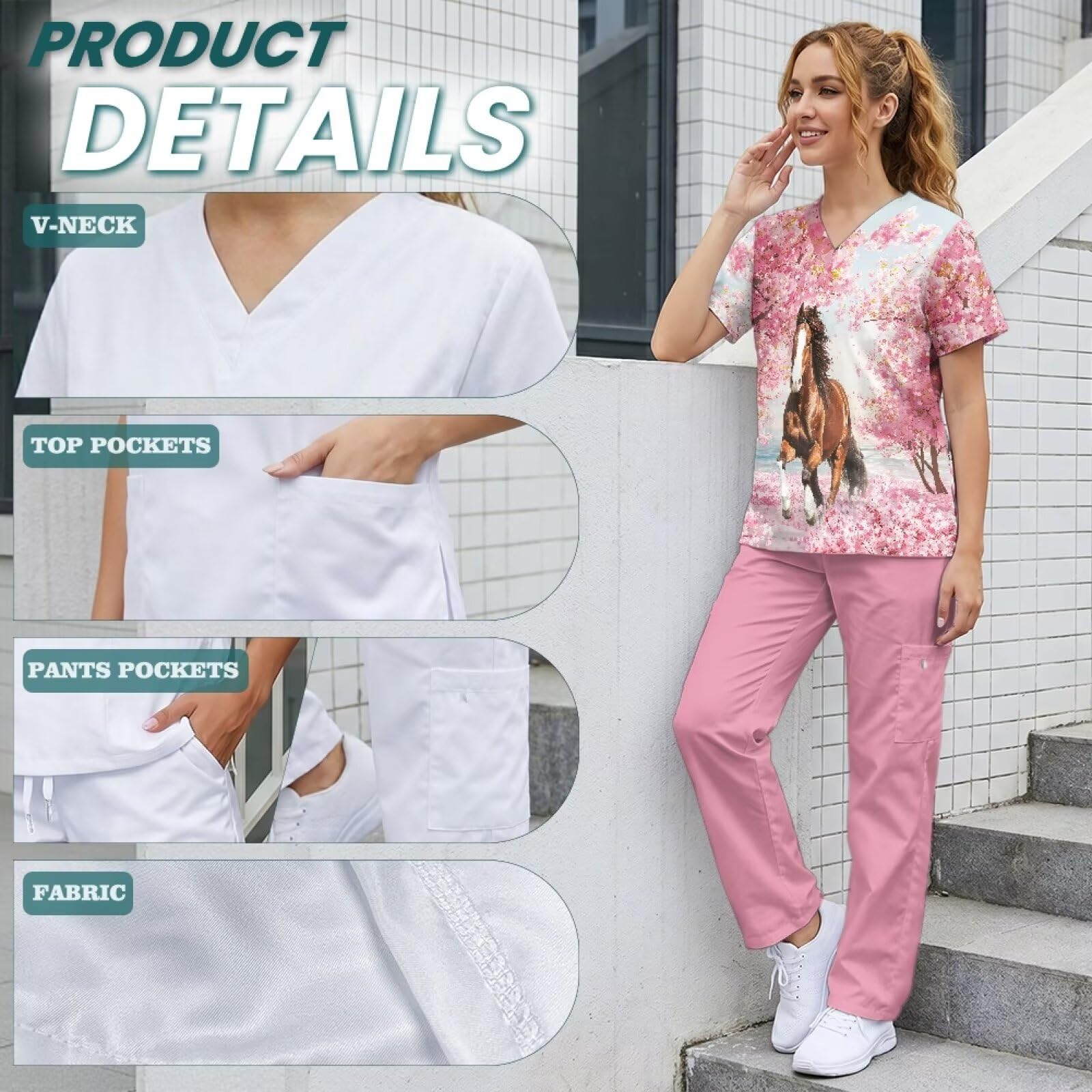 Set di scrub per cavalli da donna, comodi scrub medici per operatori sanitari, a bassa manutenzione e resistenti alle pieghe, rosa