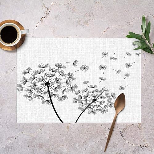 Miniatura 2 de Mugod Manteles individuales con fondo blanco con dos dientes de león negros estilizados y pelusa voladora, decorativos, resistentes al calor,