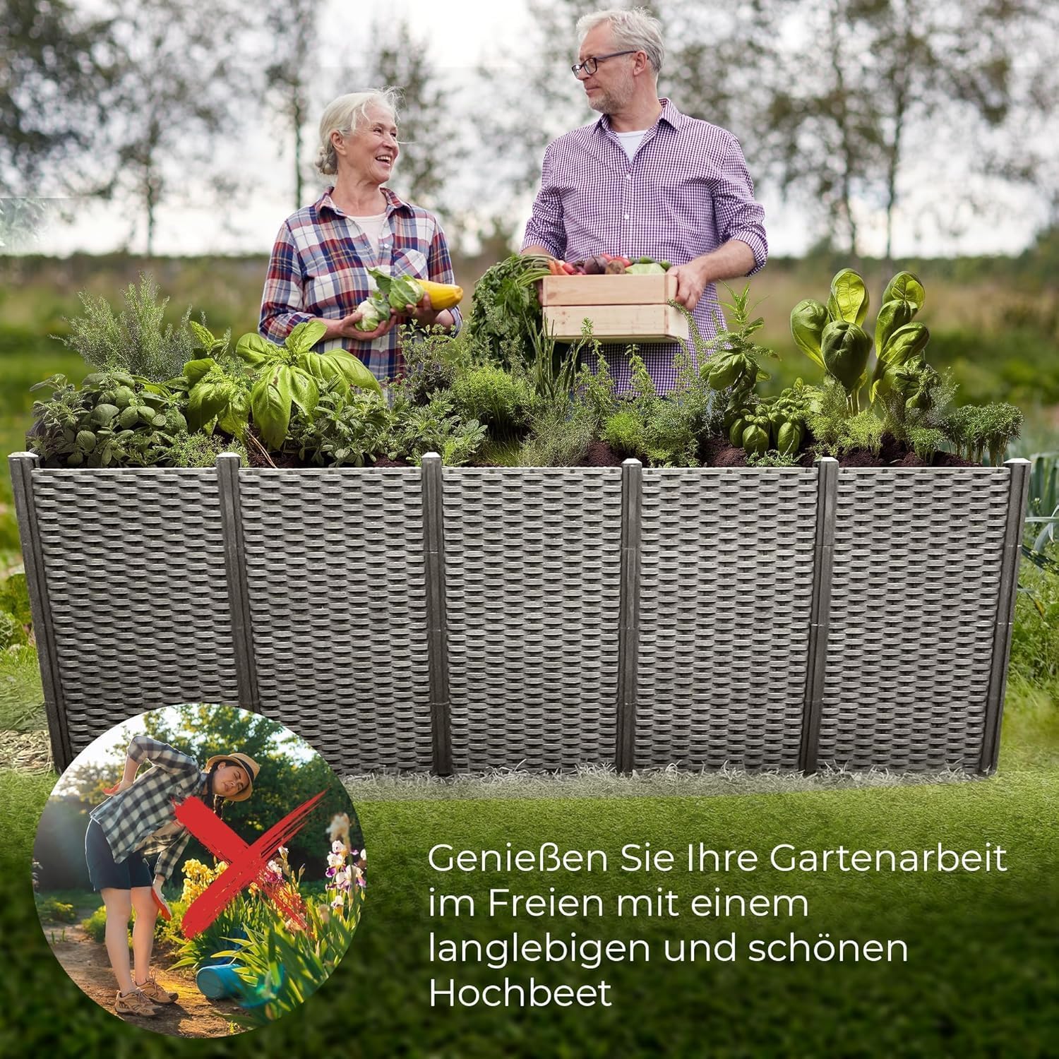 WIELS® Modulares Hochbeet für Garten, Rattan-Optik, 148 x 76 x 60 cm, Schwarz - Dunkelbraun, Pflanzbeet Frühbeet Gartenbeet Gemüsebeet Blumenbeet Kunststoff Plastik HDPE