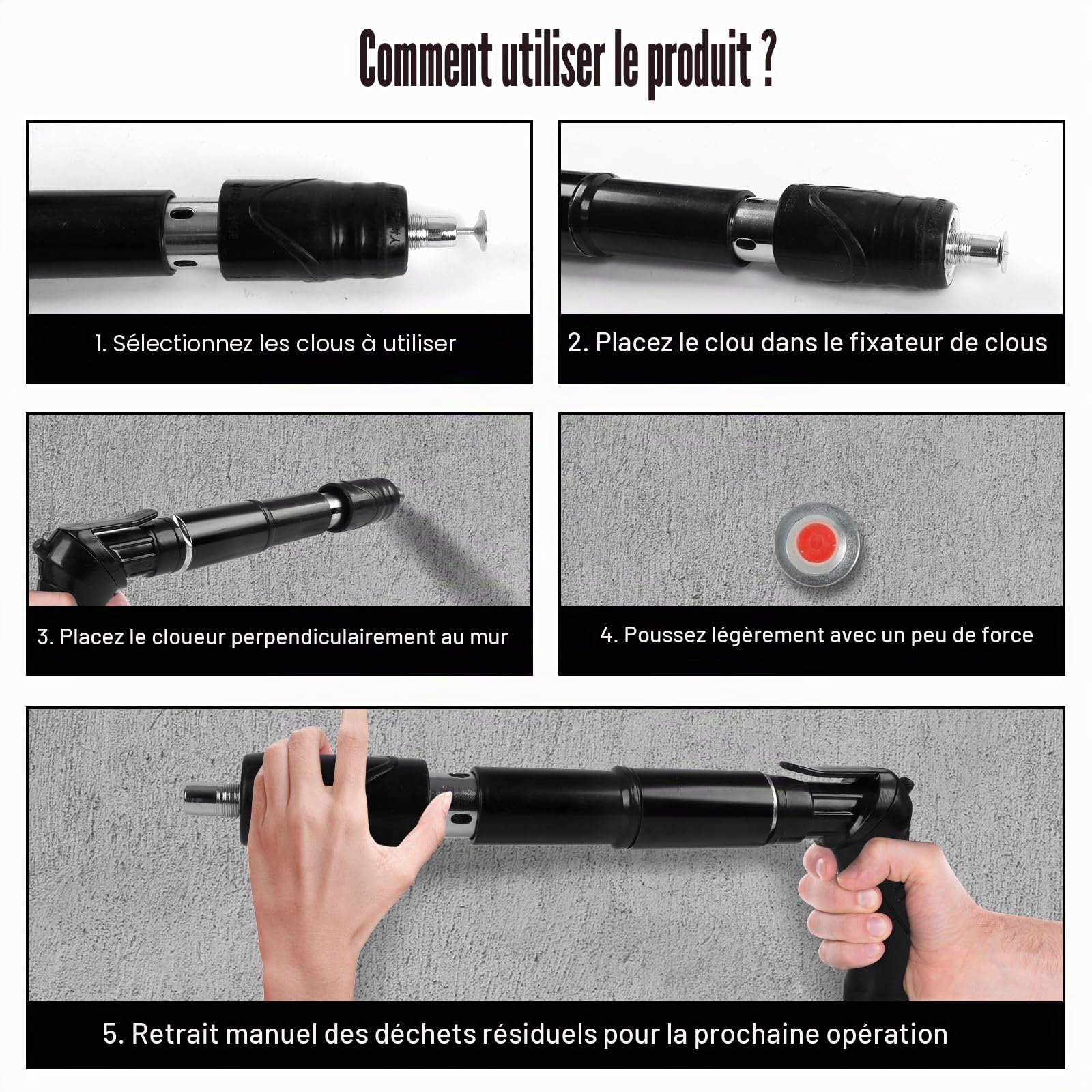 Pistolet à clous manuel avec 200 clous, appareil de fixation de boulons réglable à 5 vitesses pour acier et béton, portable et silencieux avec kit de protection (gants, lunettes de protection