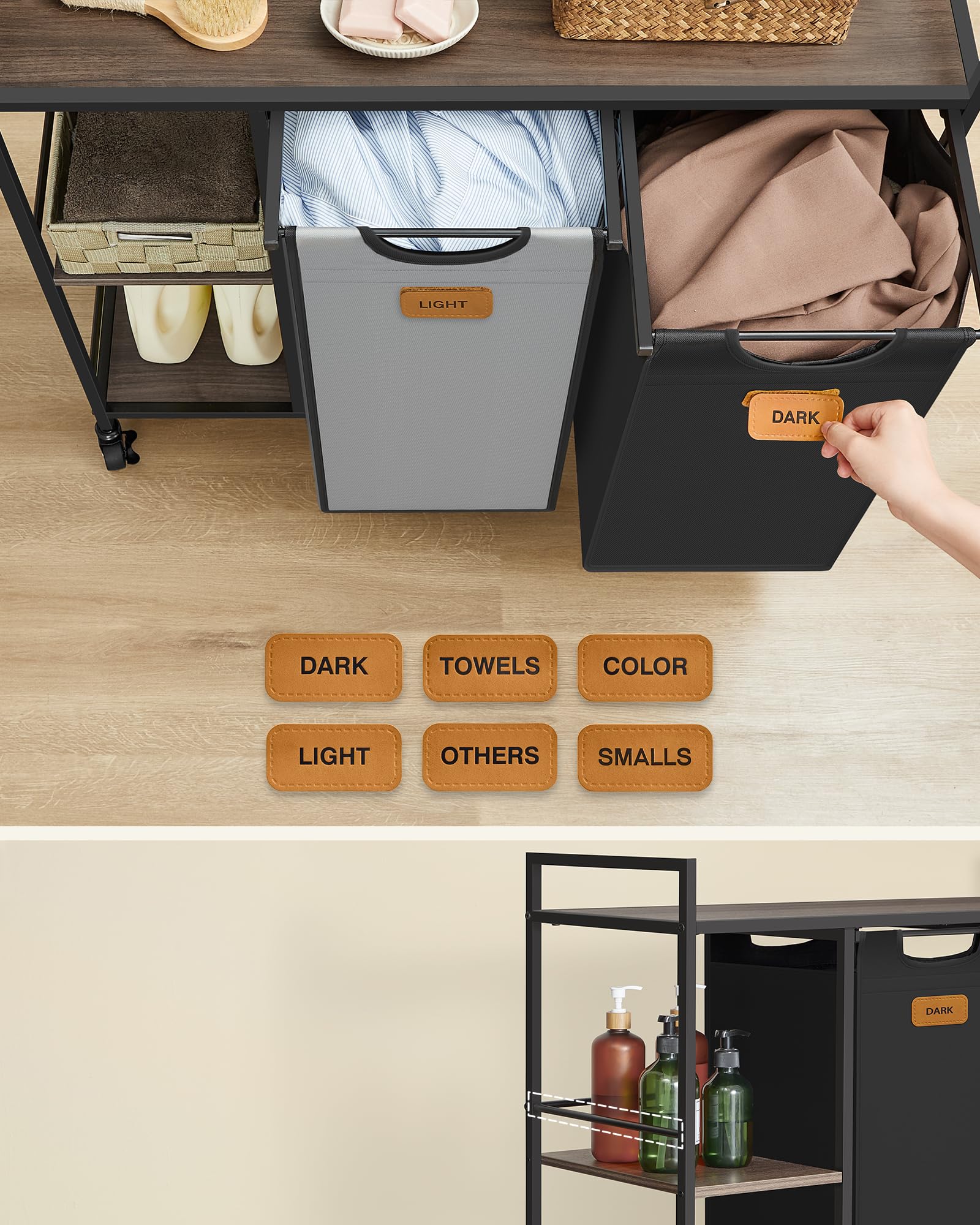 VASAGLE Wasmand, 2 vakken, wasmand 100 l, bak, wieltjes, trolley met planken, tas, afneembare zakken, 6 etiketten, natuurlijk beige, duifgrijs en crèmewit BLH311G01