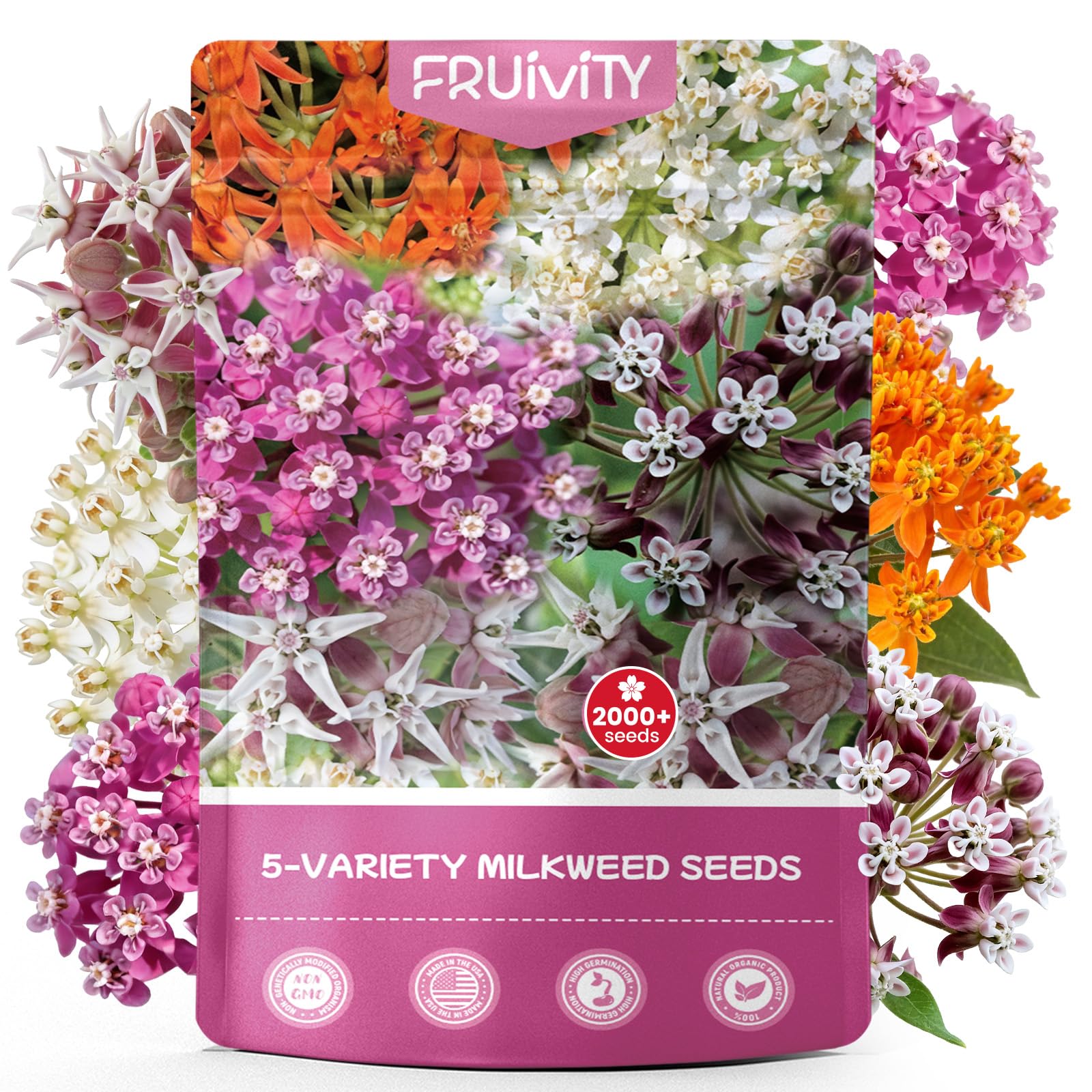 Milkweed Seeds Mix for Monarch Butterflies - Fruivity 5 Varieties Perennial Wildflower Milkweed Seeds Non-GMO Butterfly, Common, Showy, Pink Swamp & White Swamp - Flower Seeds for Pollinator Garden