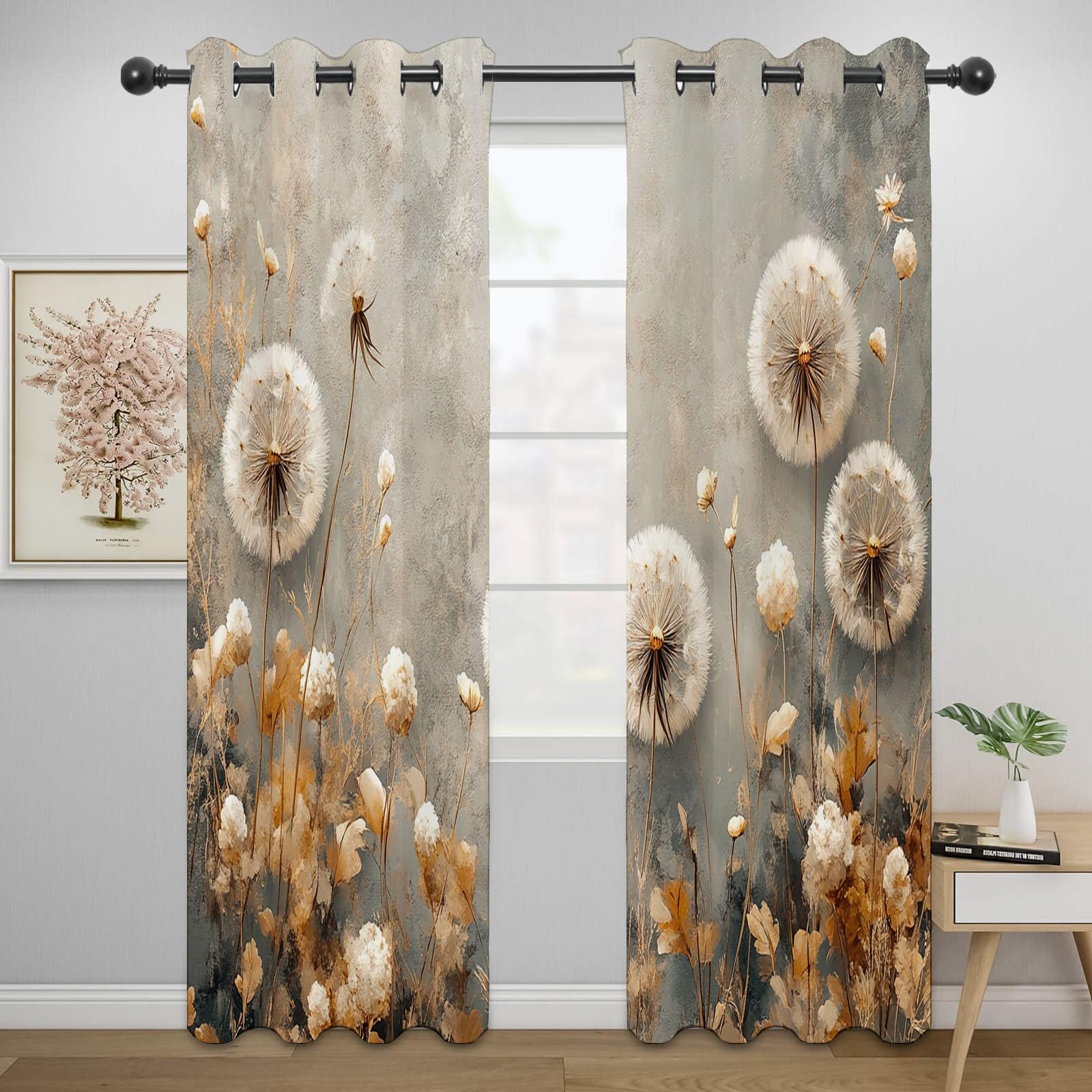 Vorhänge Blumen Muster Goldenes Blumenmuster Vorhänge mit Ösen für Wohnzimmer Botanisch Halbtransparent Ösenvorhang für Bauernhaus Schlafzimme-H230 x B130 cm (2er Pack)