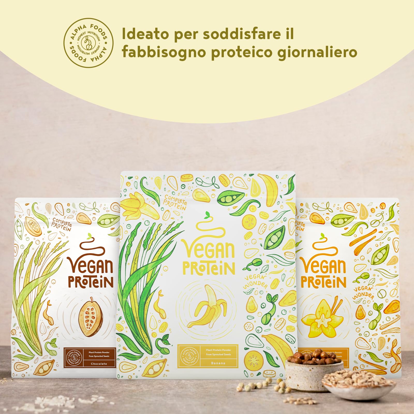 Proteine in Polvere Vegane | Gusto Banana | 23g Proteine Vegetali Isolate di Pisello, Riso, Girasole e Soia | Massa Muscolare | 600g Vegan Protein Powder | Alpha Foods