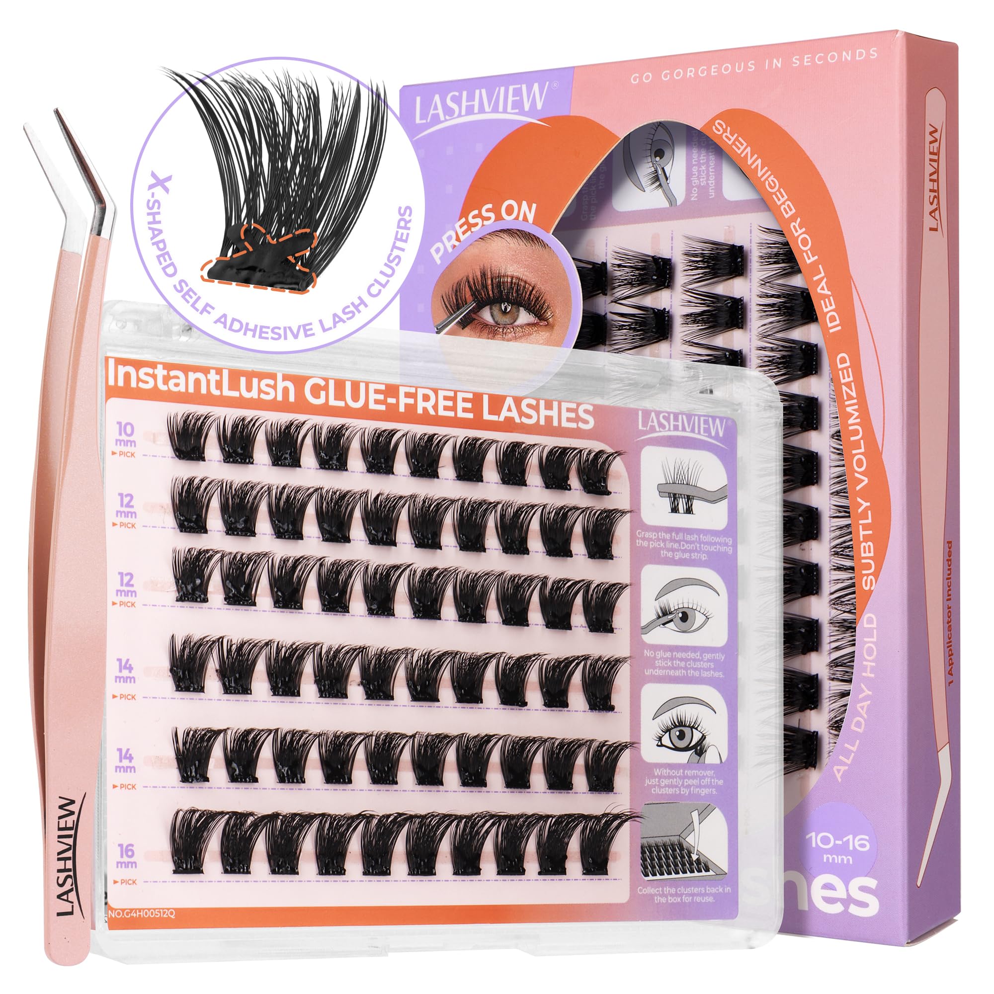 LASHVIEW Ciglia autoadesive a pressione, contiene 72 cluster, 1 applicatore, facili da applicare, strisce riutilizzabili da 10-16 mm, non danneggiano, riutilizzabili, N03
