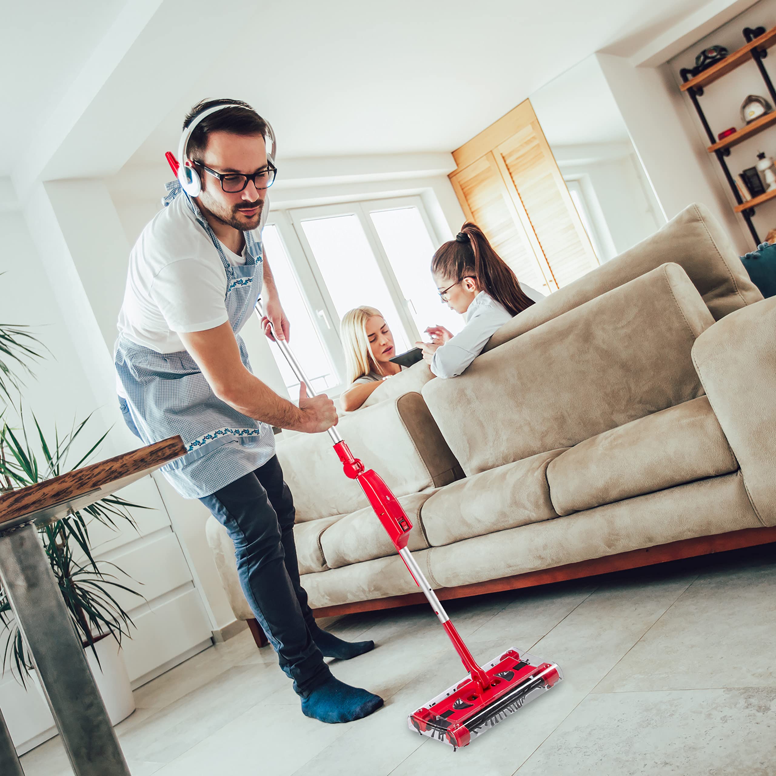 Relaxdays Bezprzewodowa miotła akumulatorowa z akumulatorem i ładowarką, pojemnik na brud, regulowany uchwyt 126 cm, czerwono-srebrna
