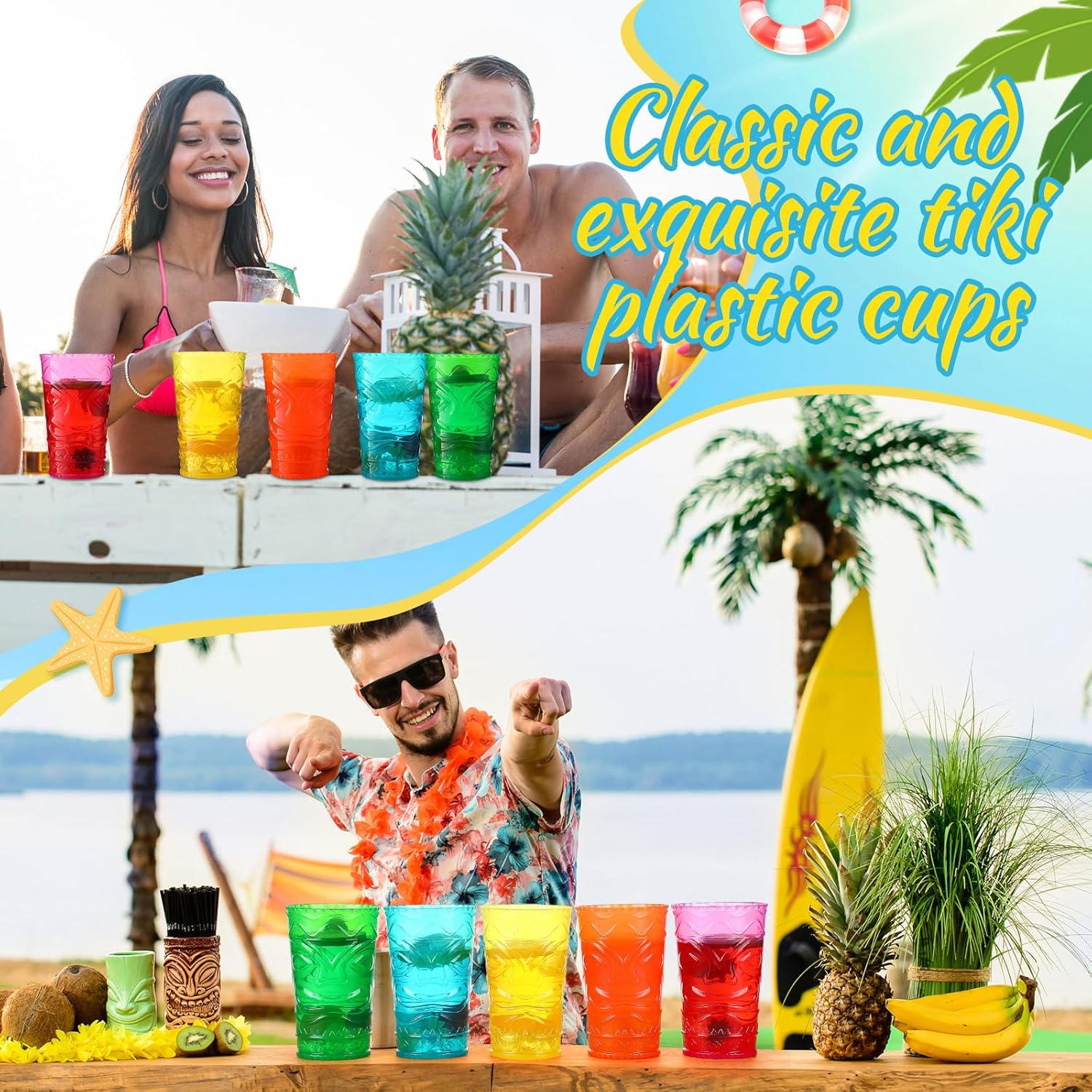 Qinyoung 30 Pcs Tiki Glasses Bulk 14 oz Hawaiian Tiki Plastic Cups for Cocktails Tropical Embossed Cup Reusable Bar Drinkware for Mai Tai, Pool, Luau Beach Party Supplies (Multicolor)