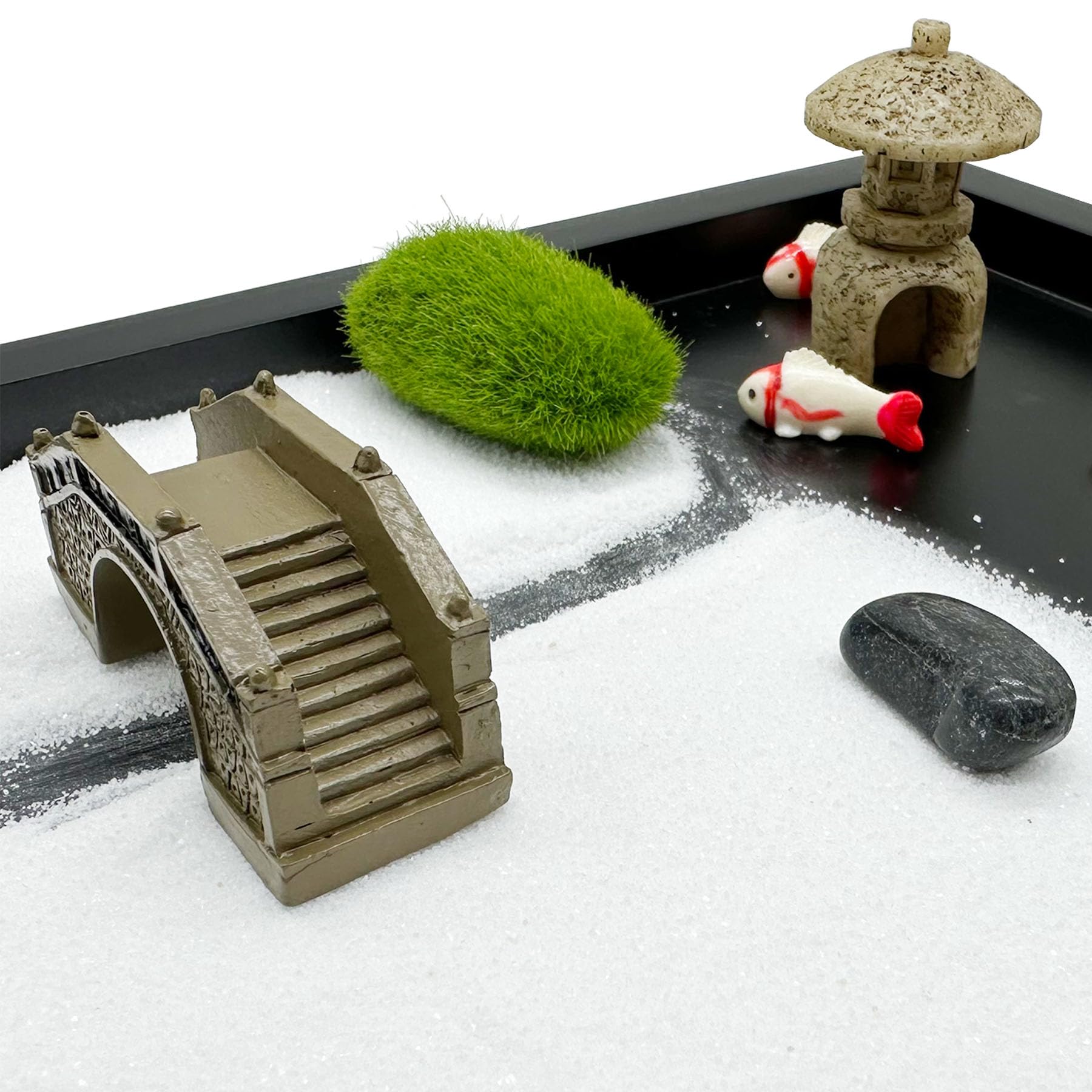 Woohome Zen Garden Kit 21.5 x 17.5cm Japanese Zen Garden Kit With 7 Handmade Bamboo Tools for DIY Mini Rock Garden Meditation Ornaments Landscape Sand Table Resin Decoration - Image 2