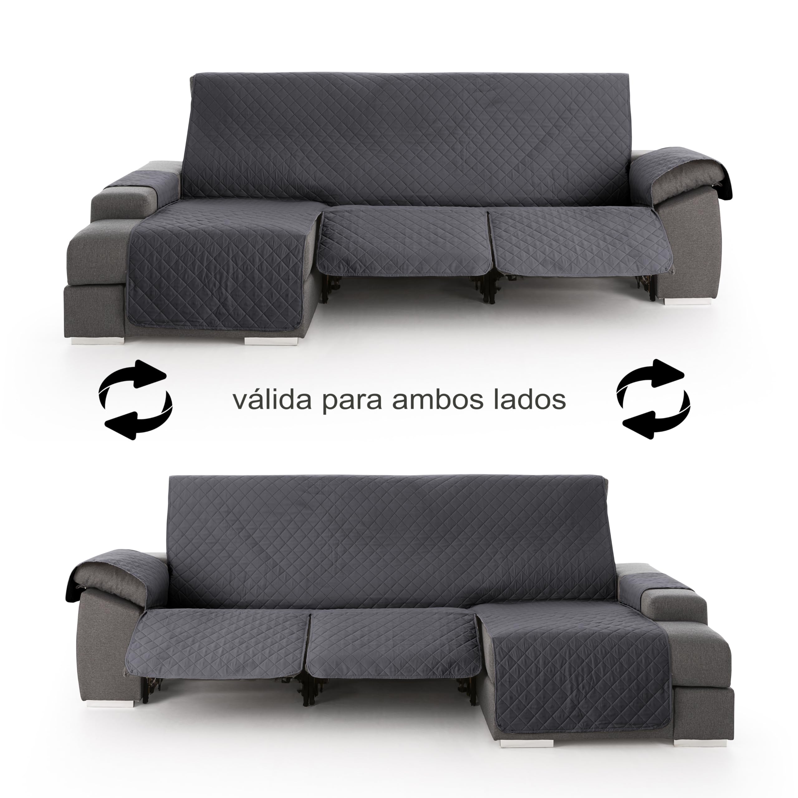 Milica Funda para Sofá Chaise Longue Relax Acolchada | Válida para Brazo Derecho o Izquierdo | Ajuste Asientos Reclinables | Lavable | Hecho en España | Tamaño 240 cm | Color Gris
