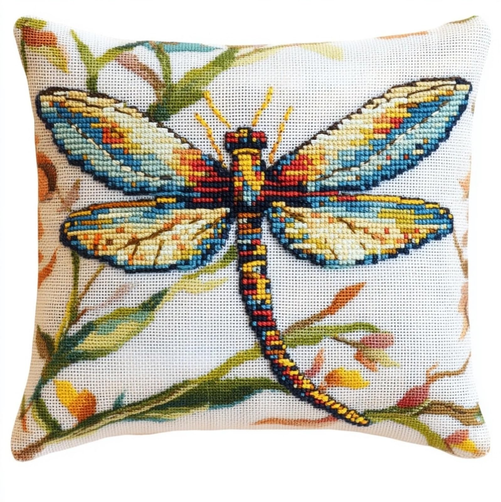 WallustrioaW Cross Stitch Pillow Kit,Dragonfly 18x18in DIY Pillow Cover Kit for Living Room Sewing Art Home Decoration
