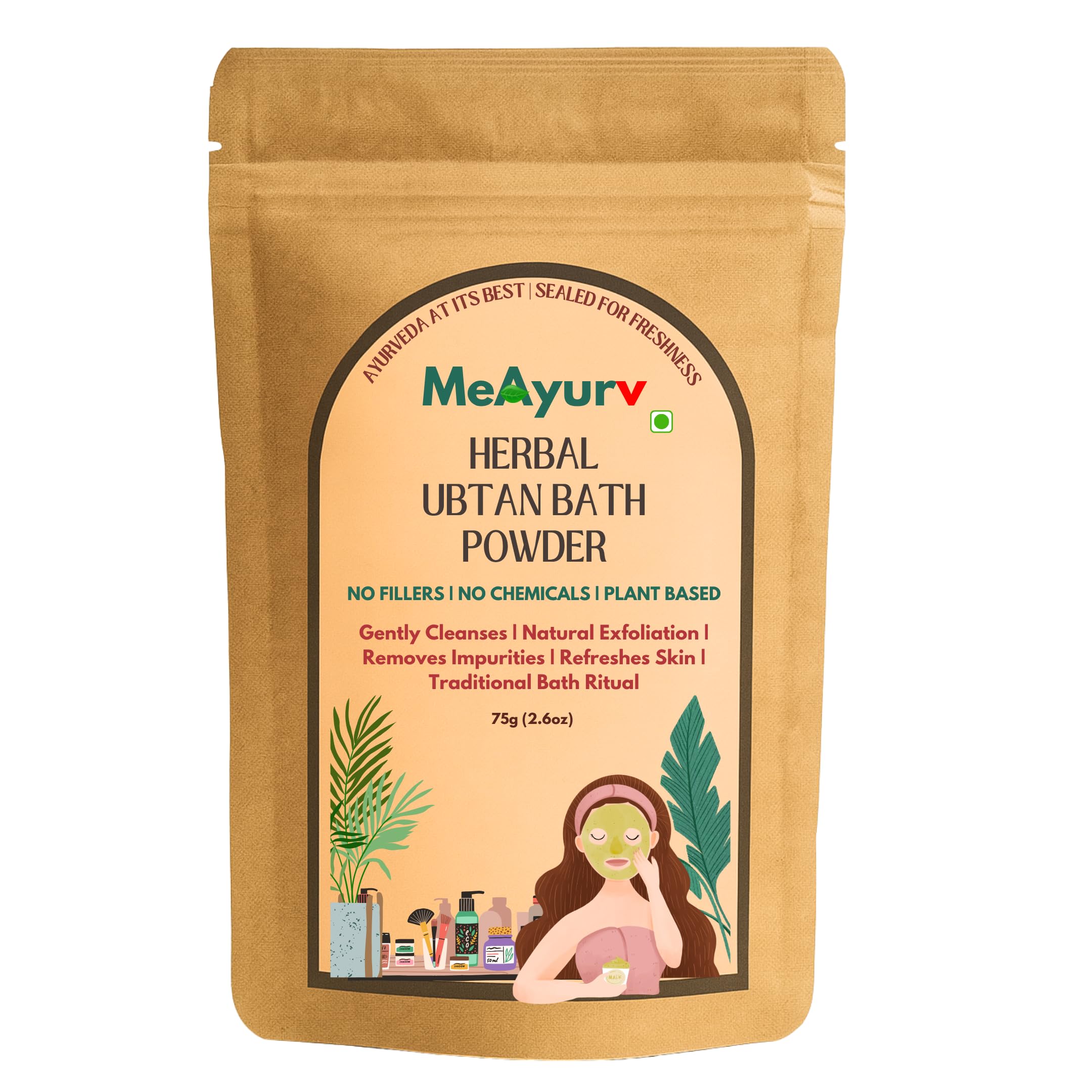 Herbal Bath Ubtan Powder Body Scrub - De-Tan Glow & Oil Control (75g) - Ayurvedic Exfoliating Cleanser with Moong, Besan, Rice, Neem, Kasturi Manjal, Sandalwood, Orange Peel, Multani Mitti-image-6